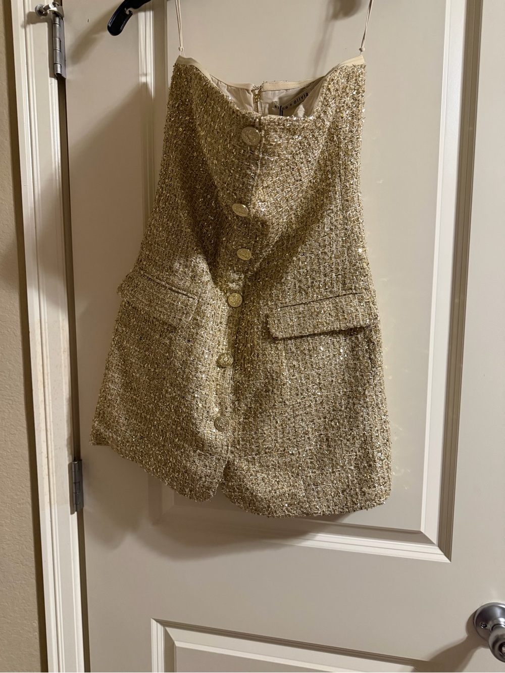 Alice + Olivia Gold Tweed Strapless Mini Dress - Picture 1 of 7